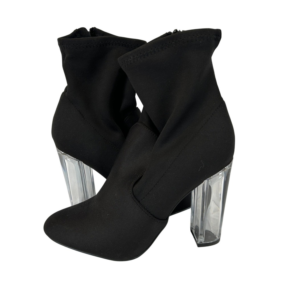 Bamboo Black Textile Sock Ankle Boots Clear Lucite Block Heel Size 10